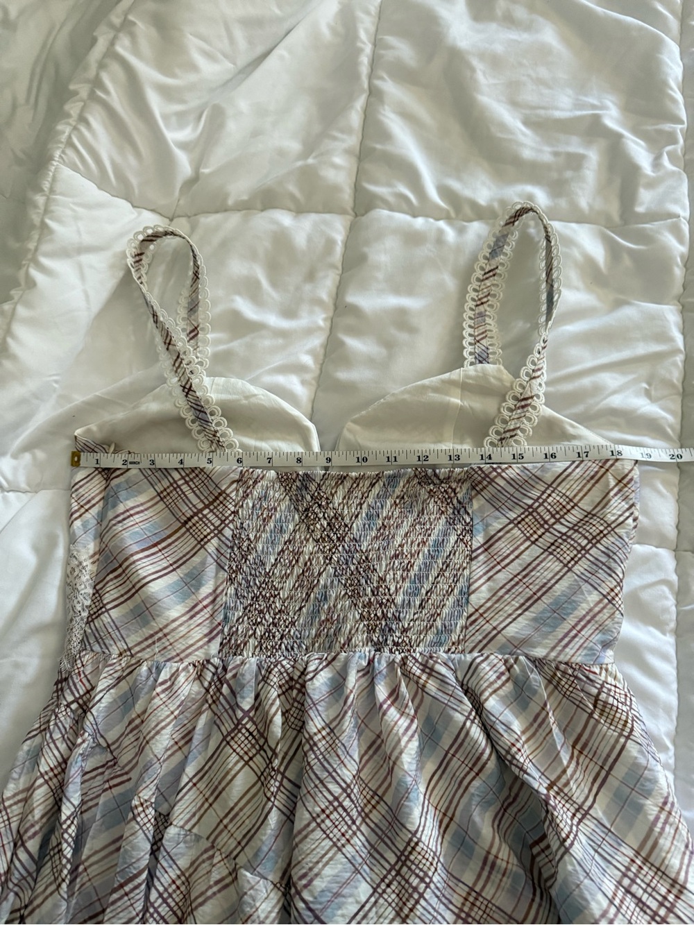 Anthropologie The Bobbi Plaid Lace-Trim Ruffle Midi Dress in White & Brown Large - Picture 7 of 7